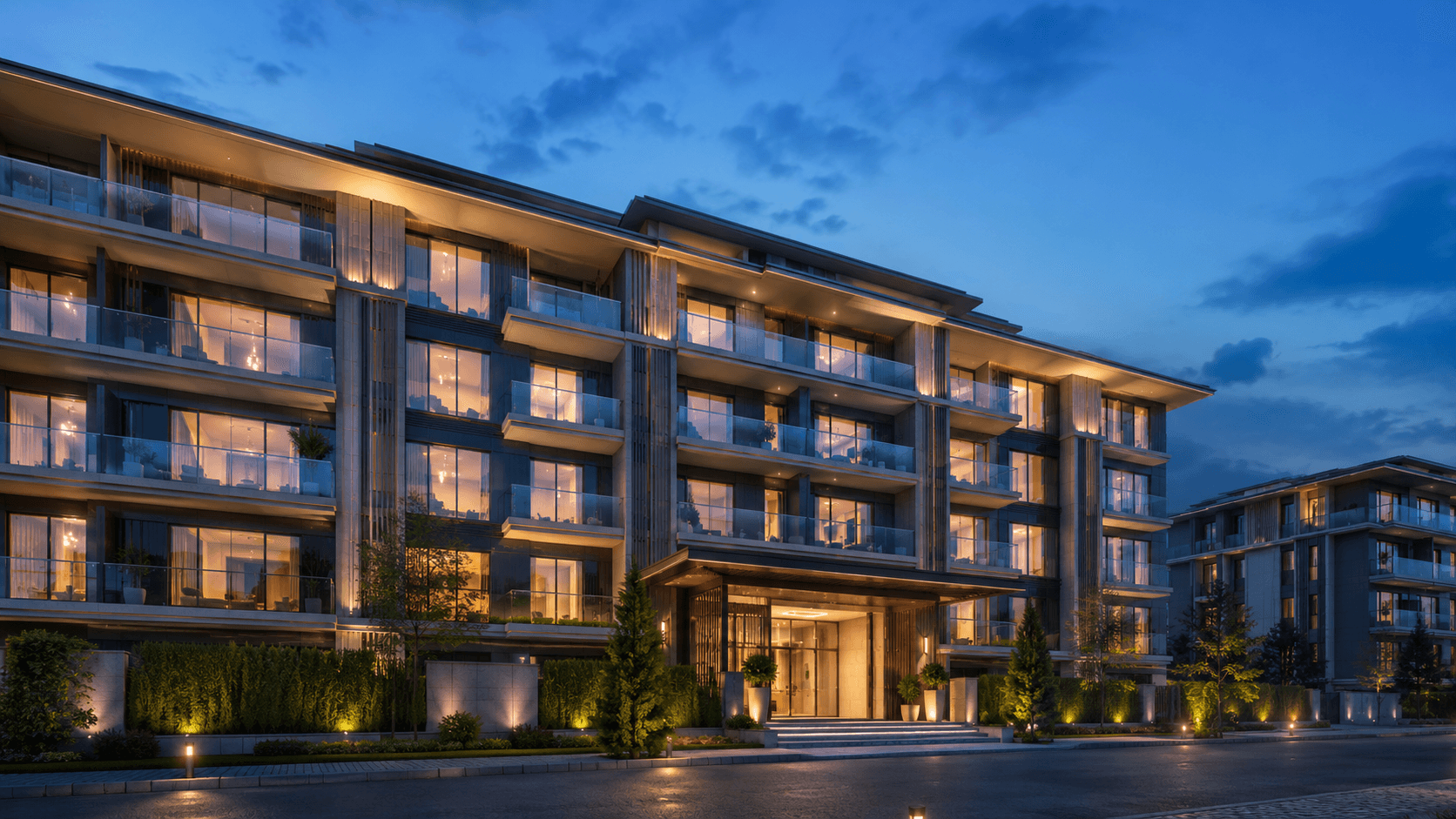 Modern konut projesi gece cephe aydınlatması konsepti